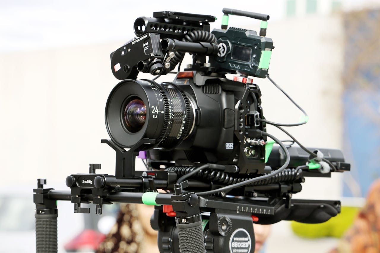 Home Close-up of a professional camera rig outdoors in Melbourne, VIC, showcasing film production equipment.